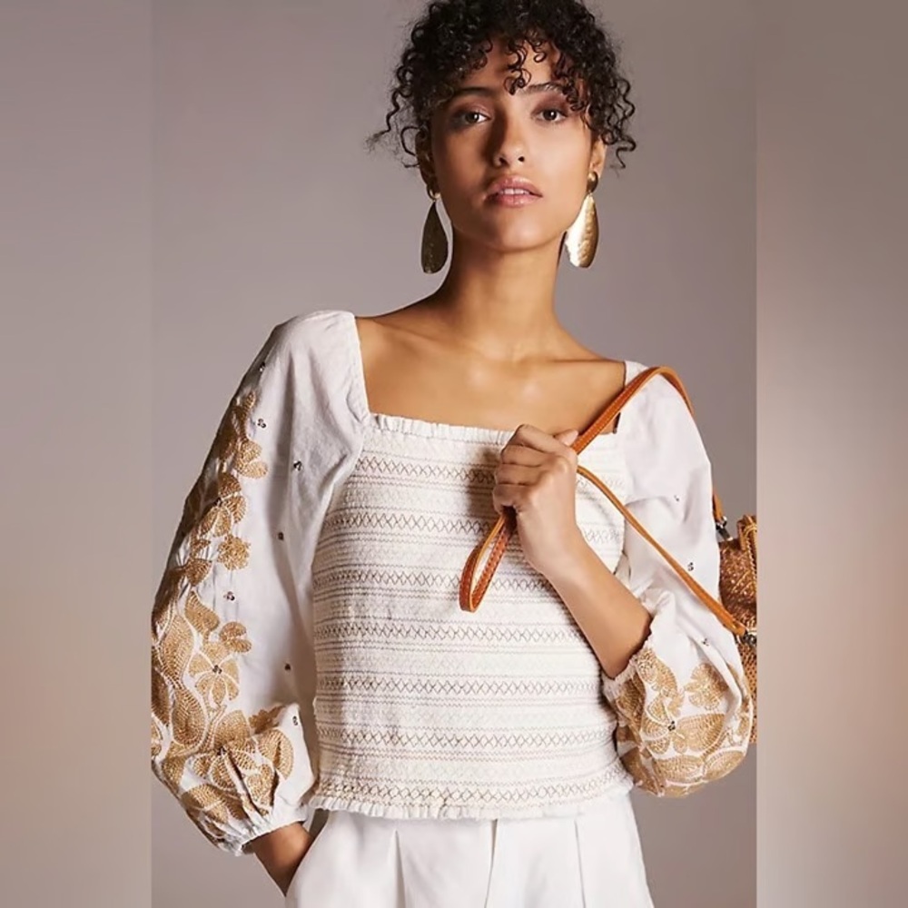 Top Anthropology | smocked chest with embroidered sleeves | sz XS P